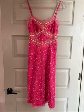NWT Betsey Johnson Hot Pink Slip Dress with Yellow Trim